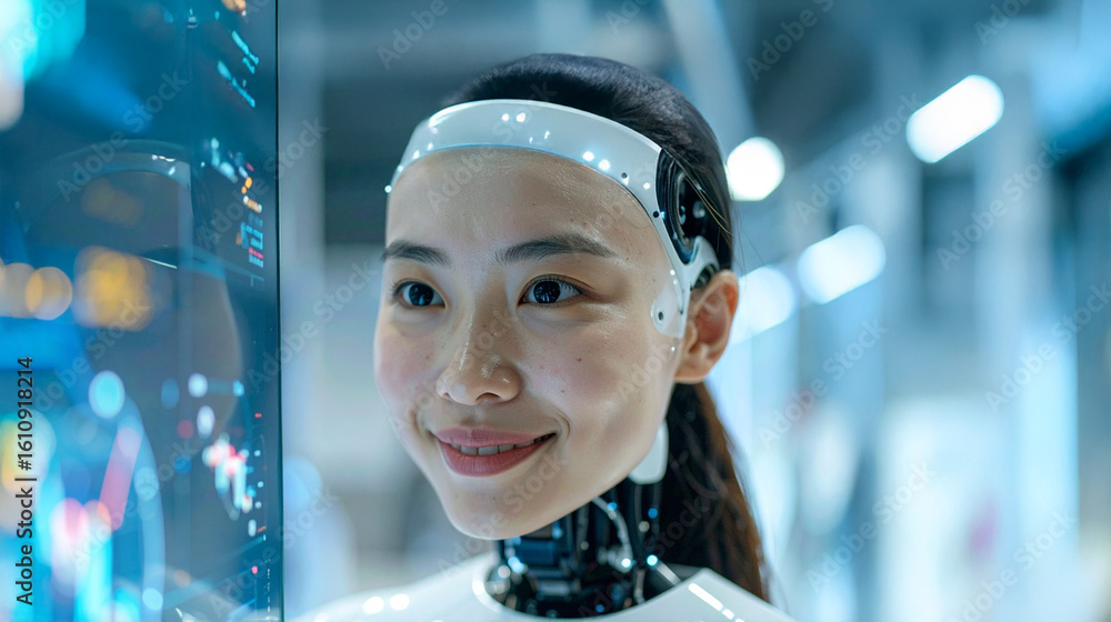 Poster a futuristic humanoid robot with a smiling face observing a glowing digital screen. the robot repres