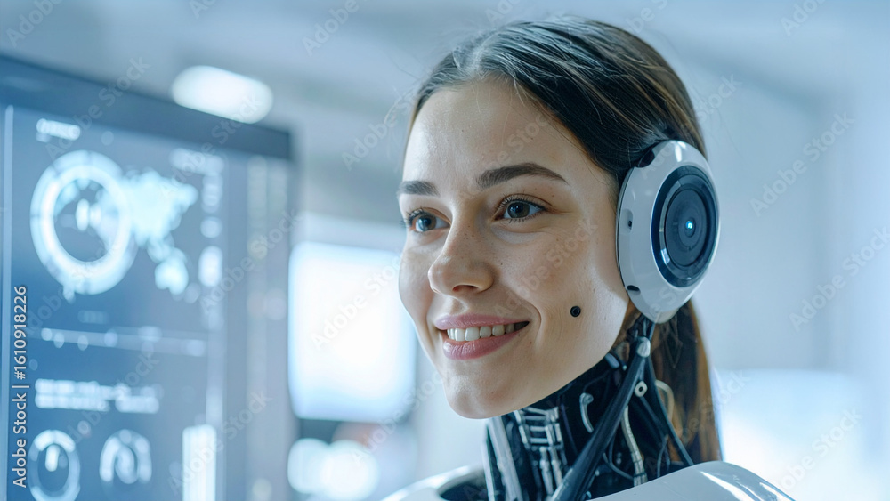 Poster a beautiful woman in part-robot looks happy while using technology, symbolizing the future of techno
