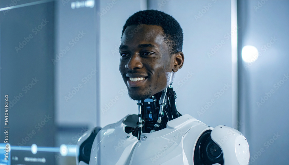 Poster a futuristic robot with a smiling human-like face, symbolizing advanced technology and artificial in