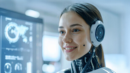 A beautiful woman in part-robot looks happy while using technology, symbolizing the future of technology and humanity