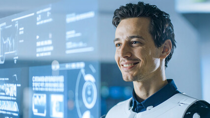 A man working on computer in a high-tech environment with a smile