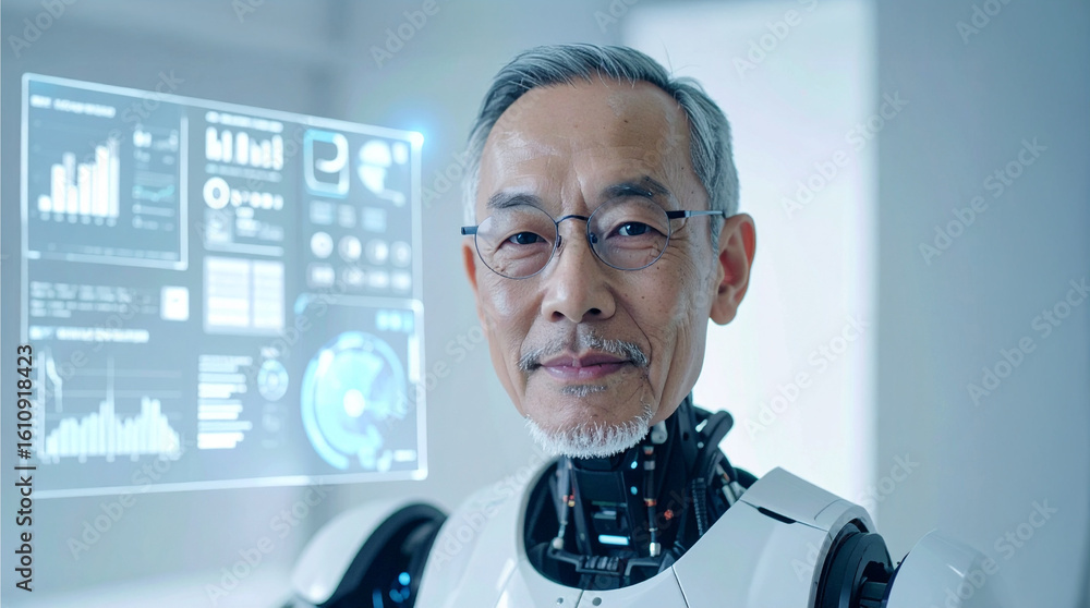 Poster an elderly man with cyborg elements. this intriguing portrait merges human features with robotics an
