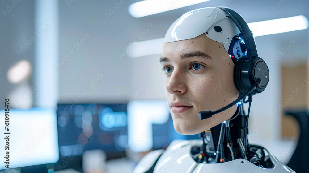 Aufkleber a futuristic robot equipped with a headset, embodying the concept of advanced technology and human-c