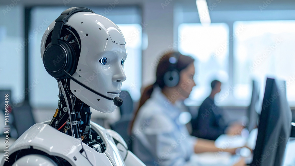 Poster the ai customer service representative with its realistic design, assisting customers and working in