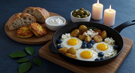Delicious Gourmet Breakfast: Fried Eggs, Potatoes, and Blueberries