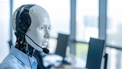 A futuristic robot wearing headset, working. The robot has a serene look on its face