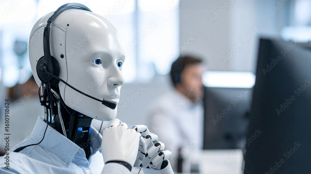 Poster a futuristic robot wearing a headset in a modern office setting. the robot appears focused, possibly