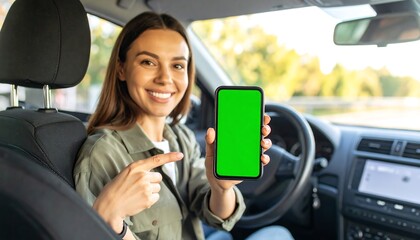 Smiling woman in car shows green screen phone (1)