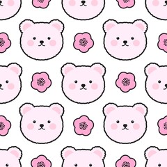 Cute pink bear head pattern with kawaii style and flower elements on white background. Perfect for kids design, textile, and nursery decoration.