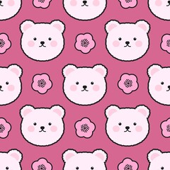 Cute pink bear head pattern with kawaii style and flower elements on magenta background. Perfect for kids design, textile, and nursery decoration.