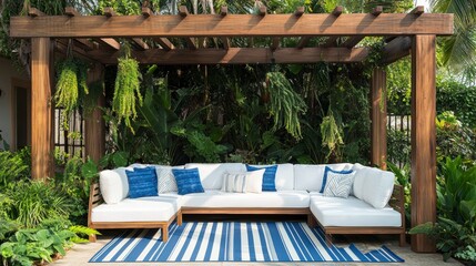 Wooden pergola with outdoor sectional sofa and blue striped rug in lush garden.