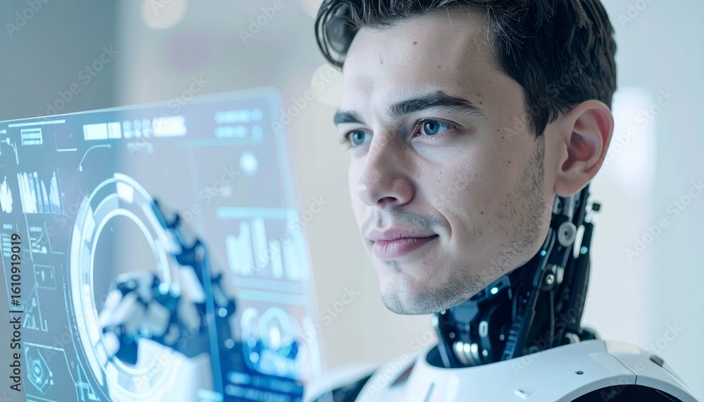 Poster a futuristic image featuring a man interacting with advanced technology, with a cyborg arm. the scen