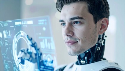 A futuristic image featuring a man interacting with advanced technology, with a cyborg arm. The scene conveys innovation and a glimpse into the future.