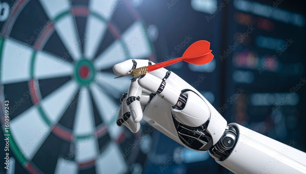 Aufkleber a robotic hand with a dart aims for the bullseye, symbolizing precision and strategic targeting.