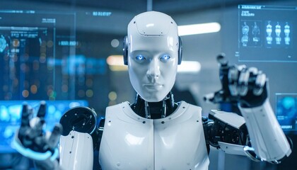 Futuristic robot with glowing eyes and advanced technology interface