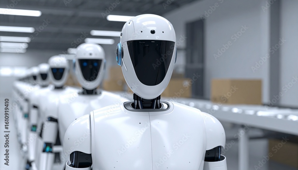 Poster robots on assembly line working on automated process. they are futuristic and sleek.