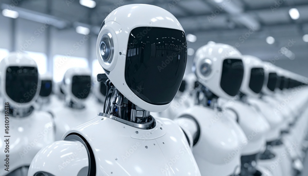 Poster robots in a row, showcasing technology and automation