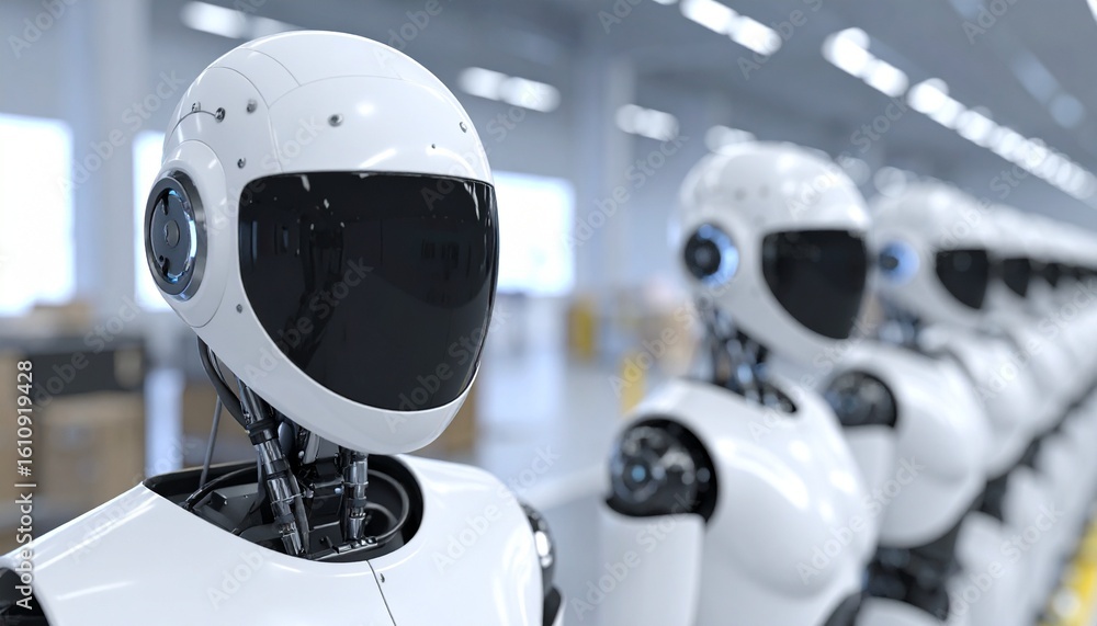 Poster robots in a row, futuristic automated production line. a sleek design for the robots with a focus on