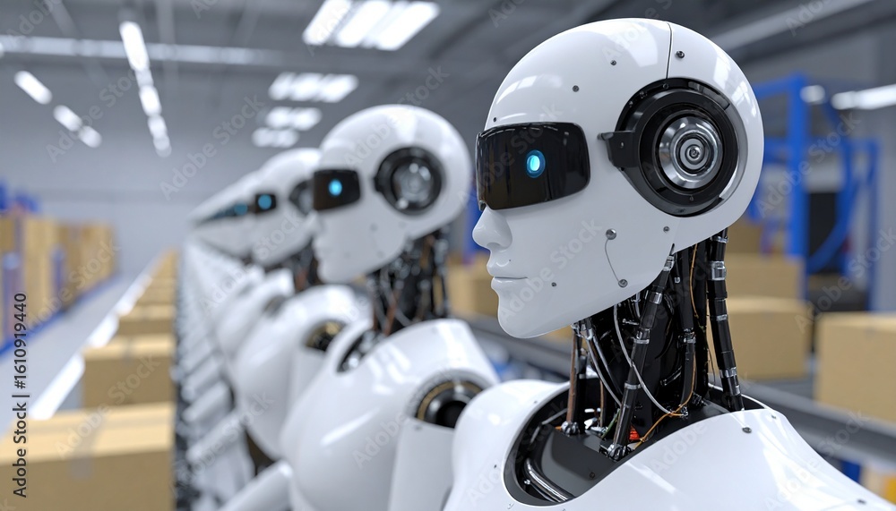Poster robots aligned in a modern factory. the robots are sleek and futuristic, hinting at technological ad