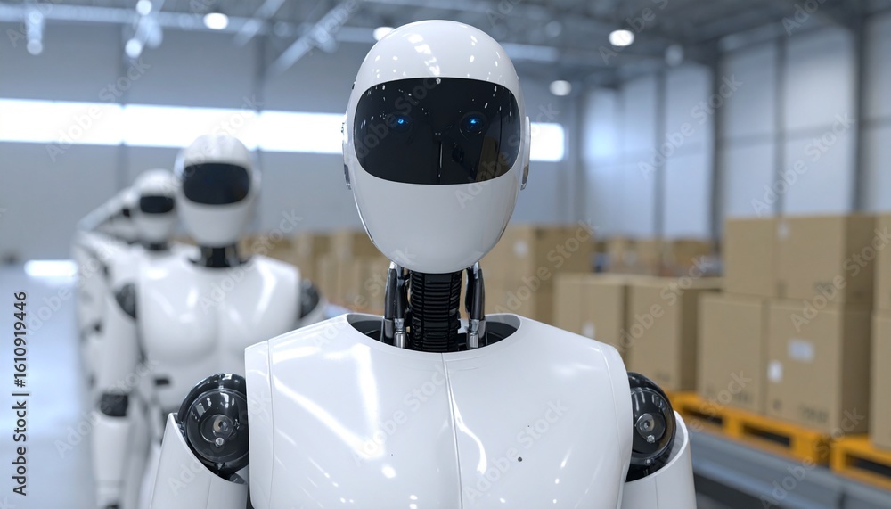 Poster robots working in a warehouse setting, highlighting the integration of technology and automation in 