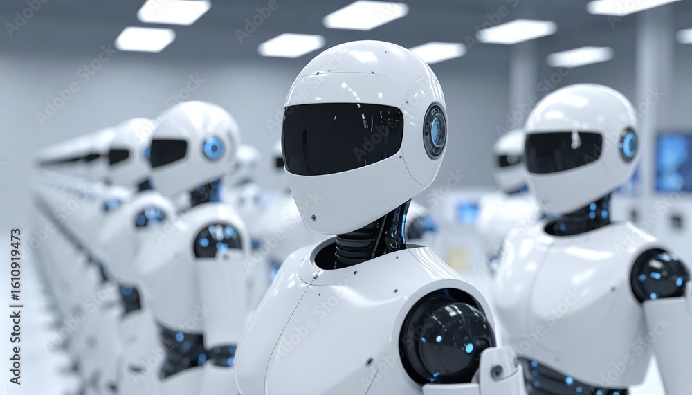 Poster robots lined up in a futuristic environment, symbolizing artificial intelligence and technological a