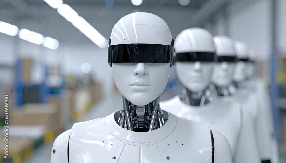Poster a row of advanced robots with sleek design, embodying futuristic technology, facing forward in a pro