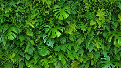 Obraz premium Lush green foliage dense tropical plant wall leaves plants