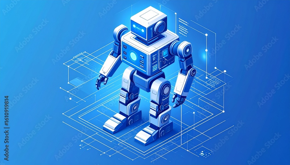Poster a futuristic robot on a geometric grid background, showcasing technological advancements and innovat