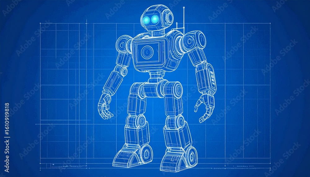 Poster a blueprint of a robot with its intricate design and technological elements displayed prominently on
