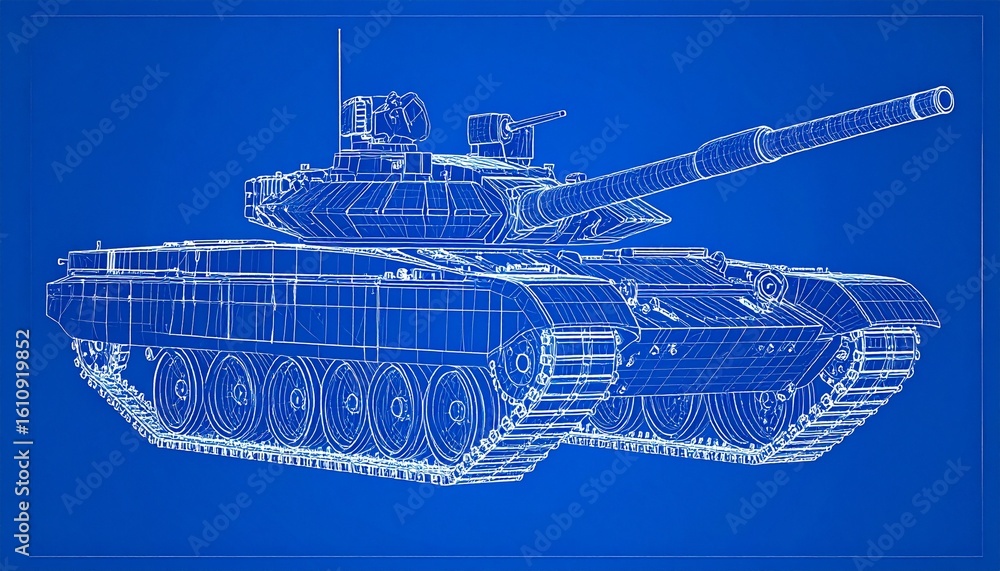 Poster blueprint of a tank, showcasing its intricate design and engineering. it highlights the robust struc