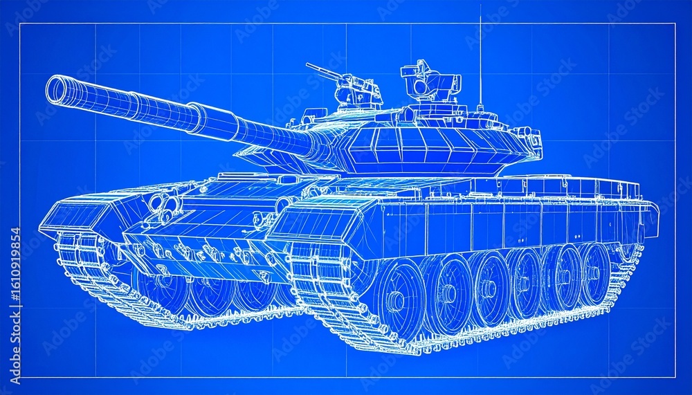 Poster blueprint of a tank, showing detailed engineering design in a technical drawing