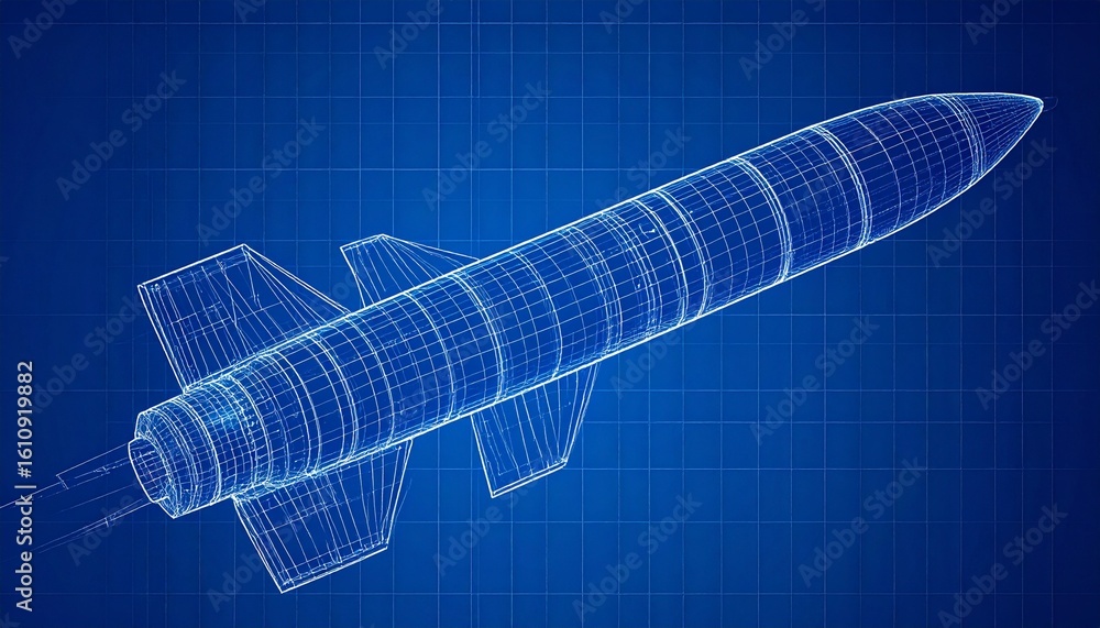 Poster a detailed blueprint of a rocket with intricate wireframe design on a blue background. the design sh