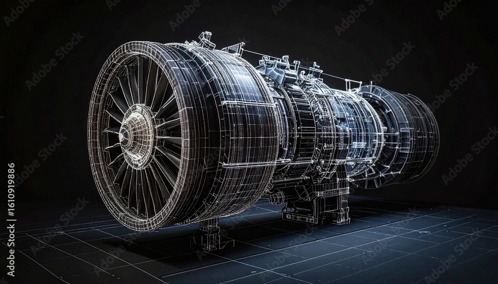 Poster an intricate wireframe of an aircraft engine, demonstrating mechanical details and design elements. 