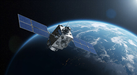 Earth observation satellite orbiting sunlit vibrant globe