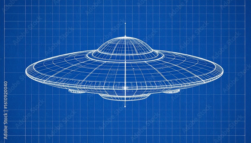 Poster detailed blueprint of an unidentified flying object, showcasing the intricate design and structure a