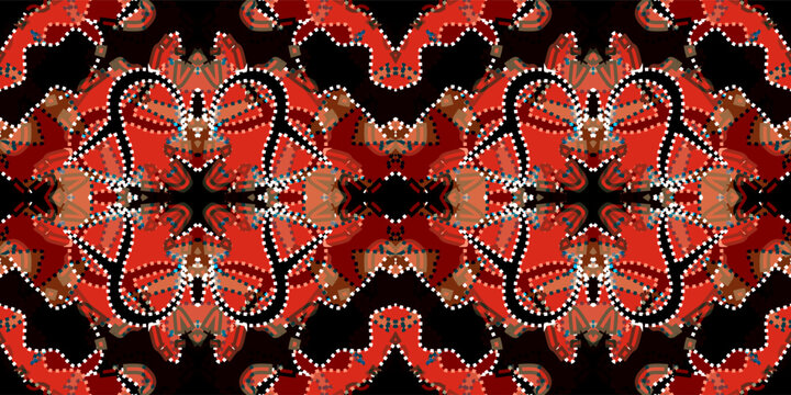 seamless Ornate Red and Black Symmetrical Pattern. Intricate Paisley Inspired Kaleidoscope. Decorative Abstract Floral Background. Elegant Red and White Digital Art. Stylized Vintage Pattern
