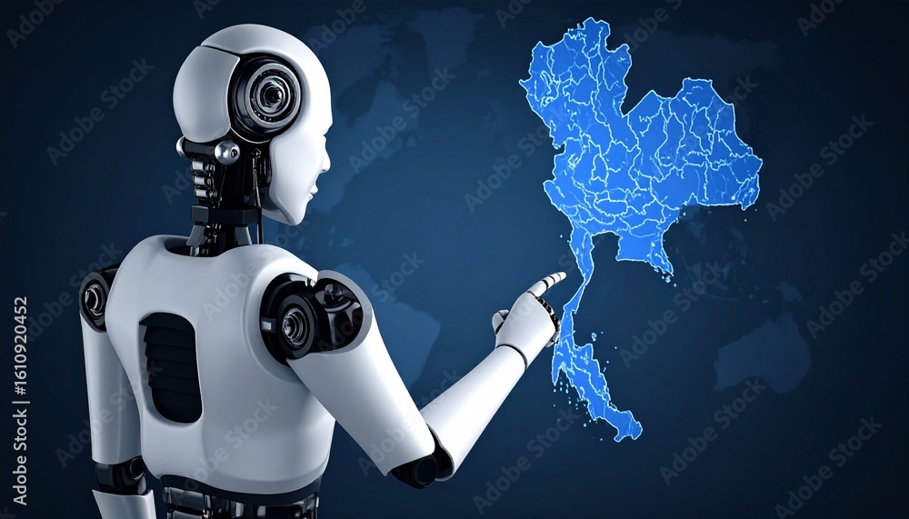 Poster a futuristic robot interacts with a map of the country, highlighting technological advancements and 