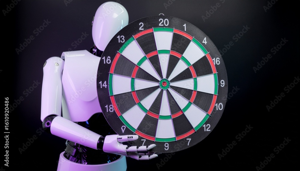 Poster a robot aiming at a dartboard, showcasing precision and futuristic technology