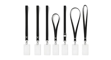 Diverse black lanyard set with blank white cards, isolated on clean white background