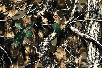 A vector camouflage pattern with an oak tree theme, featuring leaves and branches in earthy tones against a background 