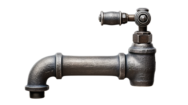 Vintage industrial metal pipe valve with textured surface and right angle bend isolated on white background