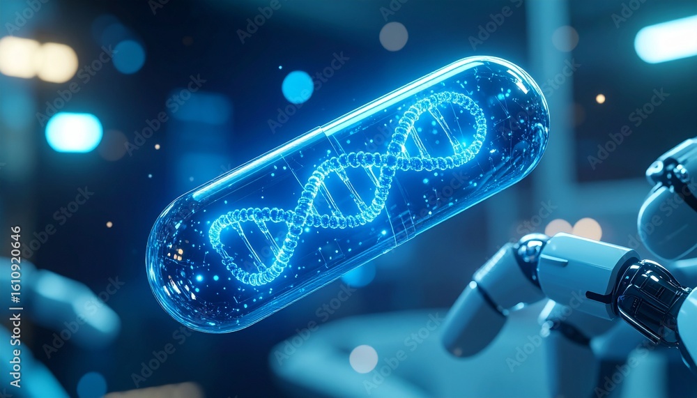 Aufkleber a futuristic illustration of a dna helix encapsulated within a clear container, held by robotic hand