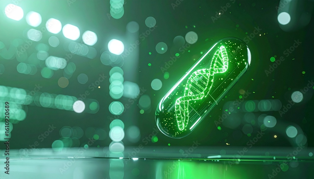 Poster a striking visualization of a dna strand encapsulated within a capsule. glowing with vibrant green l