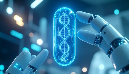 A robotic hand examines a glowing DNA strand, representing scientific advancement in biotechnology