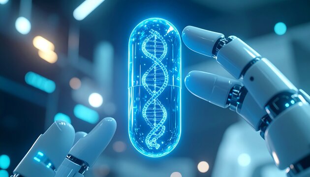 A robotic hand examines a glowing DNA strand, representing scientific advancement in biotechnology - Powered by Adobe