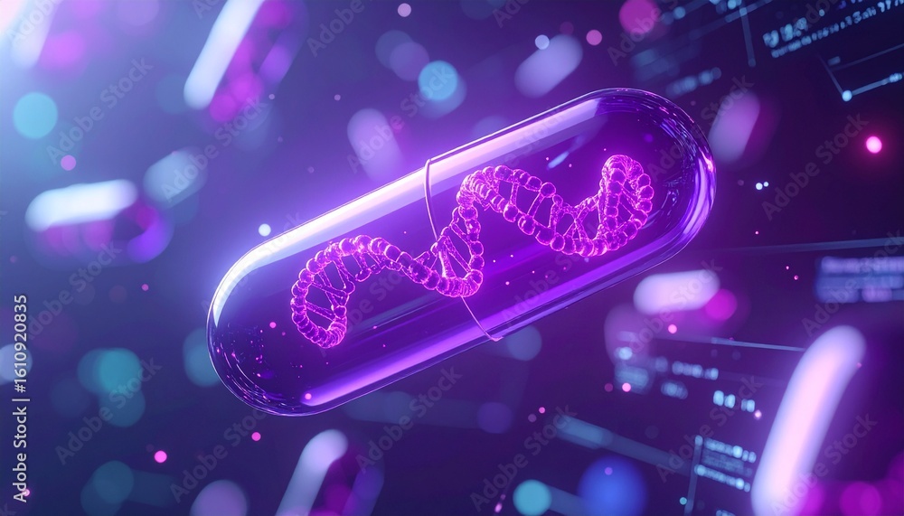 Poster a vibrant close-up of a capsule with dna inside. the details showcases the complexity of science wit