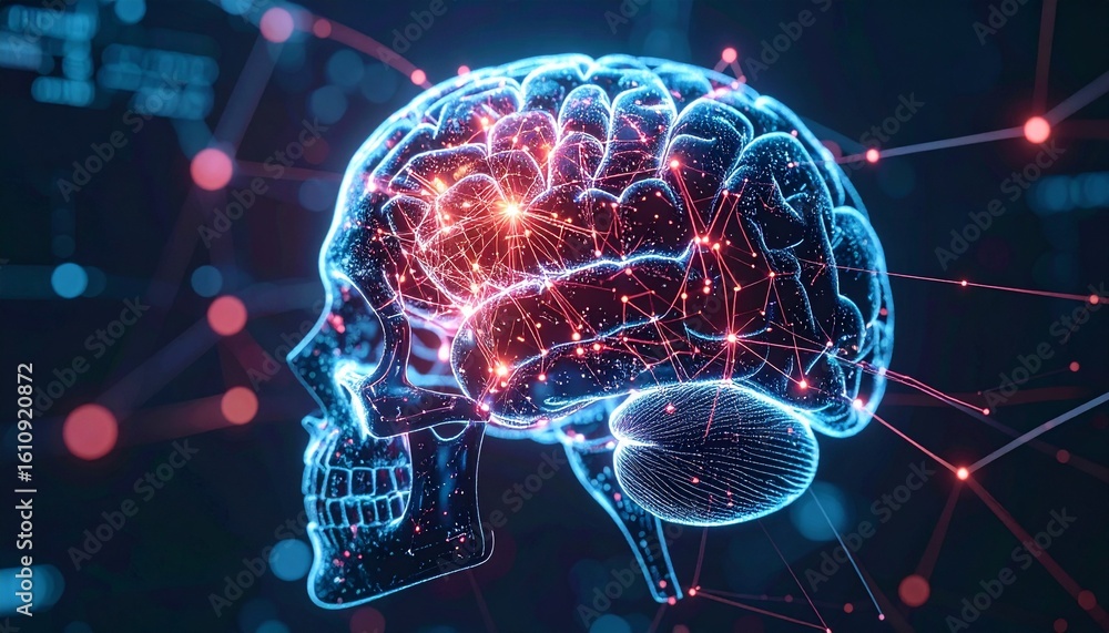 Poster illustration of an abstract human brain network with neural connections highlighted, symbolizing cog