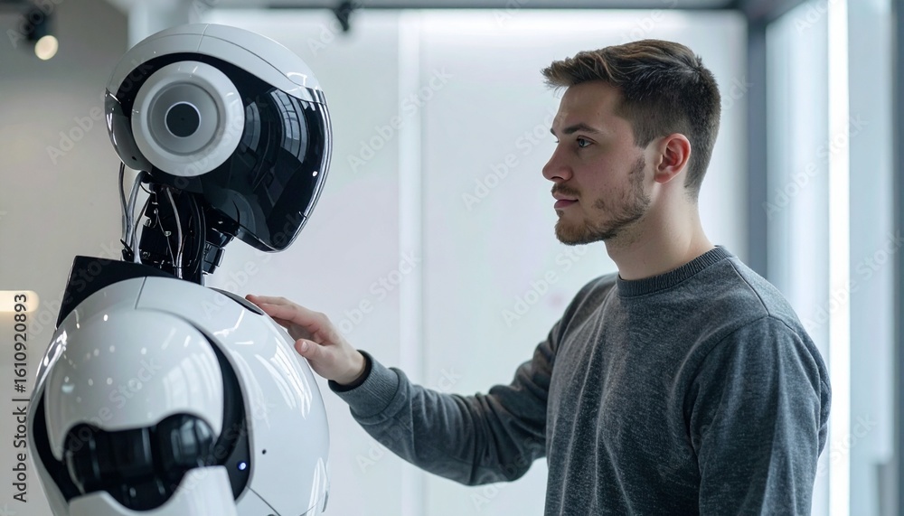 Poster a man affectionately touching a futuristic robot, exploring the intersection of human connection and