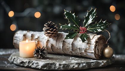 White Candle and Festive Winter Decorations on Stone Surface