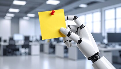 A robotic hand holding a yellow sticky note in an office setting